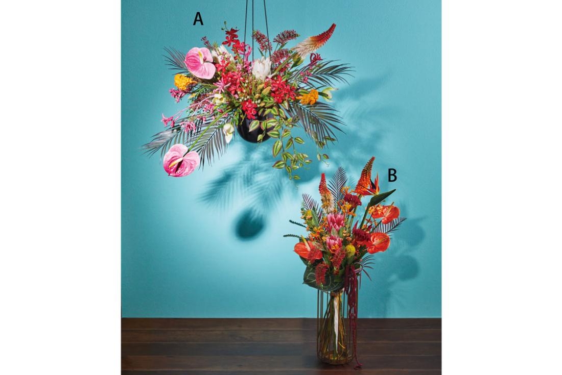 フッシャピンクのトロピカル吊りアレンジ